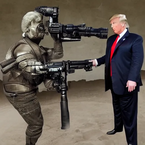 Prompt: Donald Trump holding the death machine minigun from call of duty