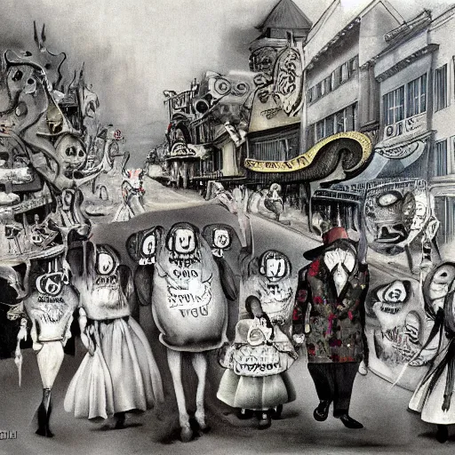 Prompt: nightmares parade in main street by dali