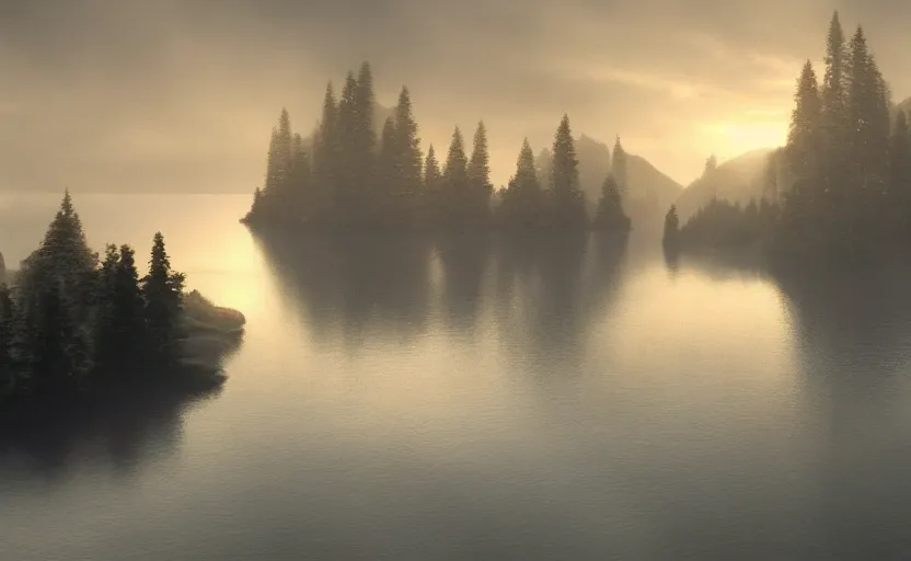 Image similar to a strange lake directed by charlie kaufman ( 2 0 0 1 ) anamorphic lenses, foggy volumetric light morning, a beam of light from the heavens, cinematic trending on artstation in the style of greg rutkowski