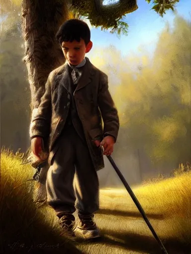 Prompt: a handsome juvenile holding a adorned cane. walking in a rural area. intricate, elegant, highly detailed, digital painting, artstation, concept art, sharp focus, illustration, by justin gerard and artgerm, 8 k