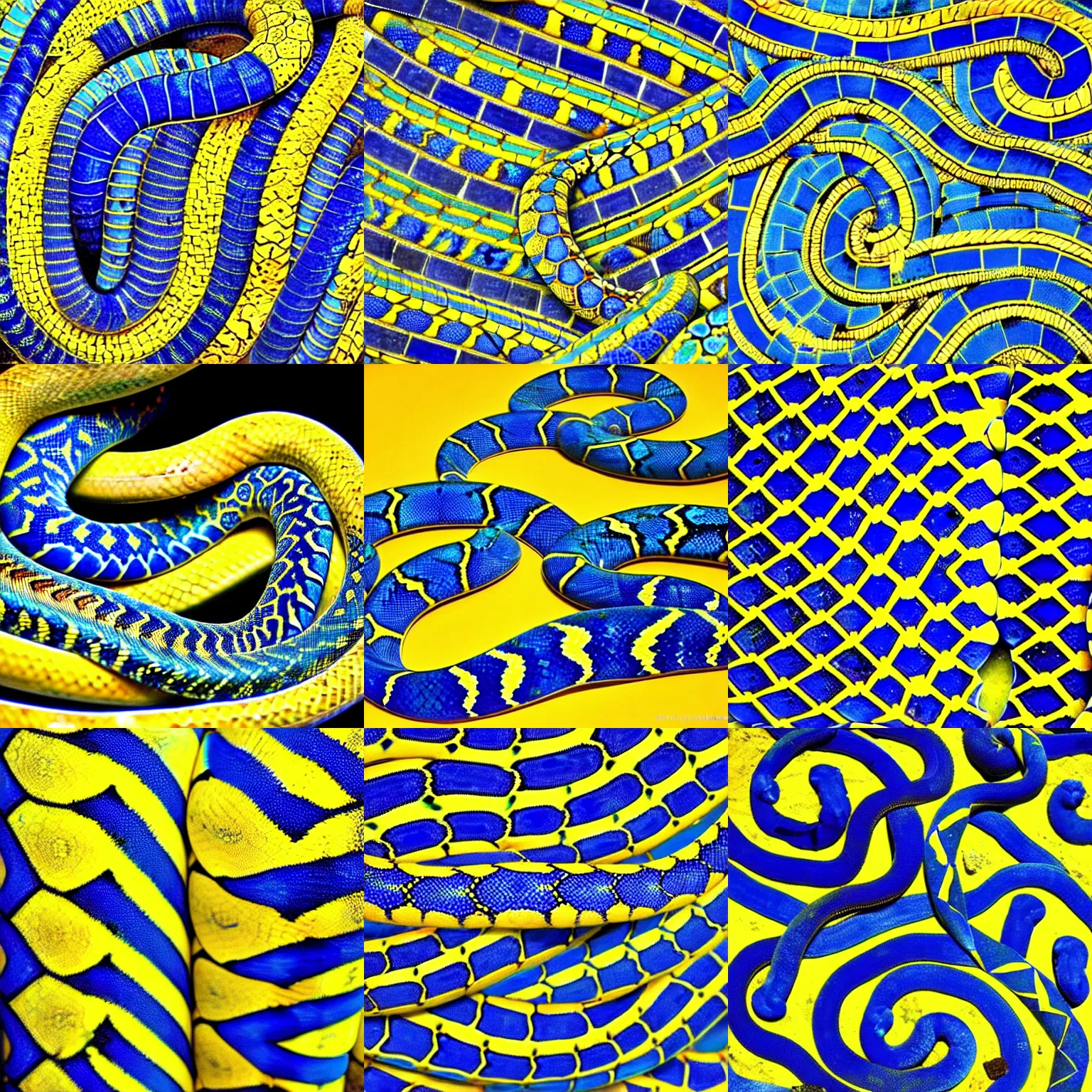 Prompt: blue and yellow pythons intwined, symmetric,mosaic, Roman, classic, vibrant, intricate