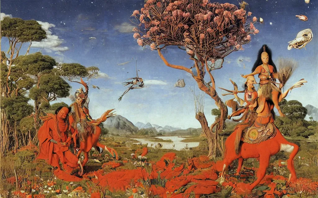 Image similar to a portrait photograph of a meditating shaman and a centaur monk riding a vulture and hunting at a river delta. surrounded by bulbous flowers and trees. mountain range under a blue sky of fiery stars. by jan van eyck, max ernst, ernst haeckel, ernst fuchs and artgerm, cgsociety, fashion editorial, 8 k