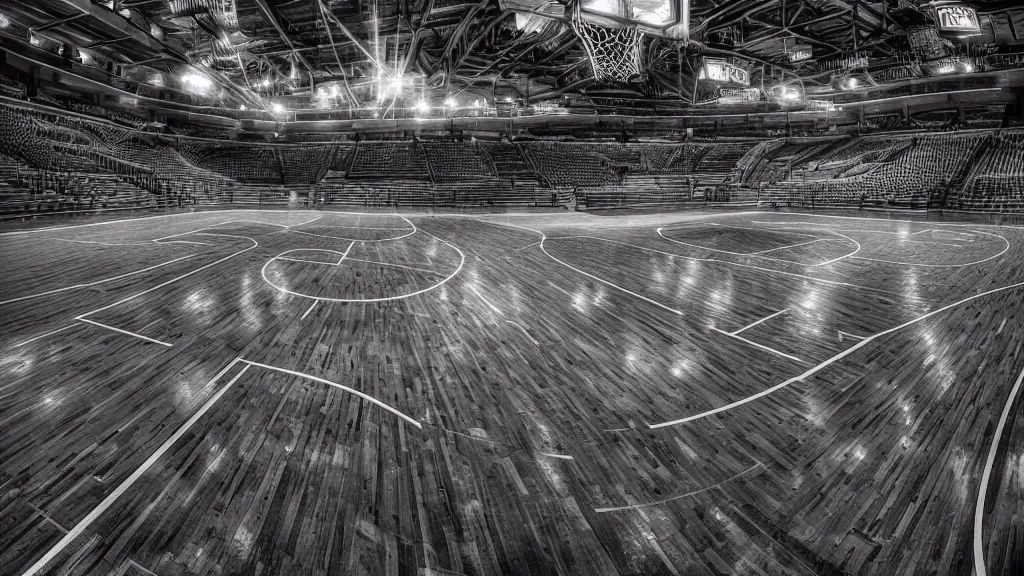 Image similar to a photograph the basketball court at the united center, in the styles of cameron look, andrew bernstein, and ansel adams. intricate, hyperrealistic, monochrome hdr, accurate court