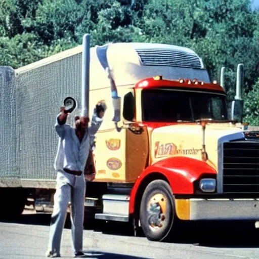 Image similar to 7 0's b - move scene the musical trucker, a trucker playing the saxophone inside his big rig as it drives off the side of a highway