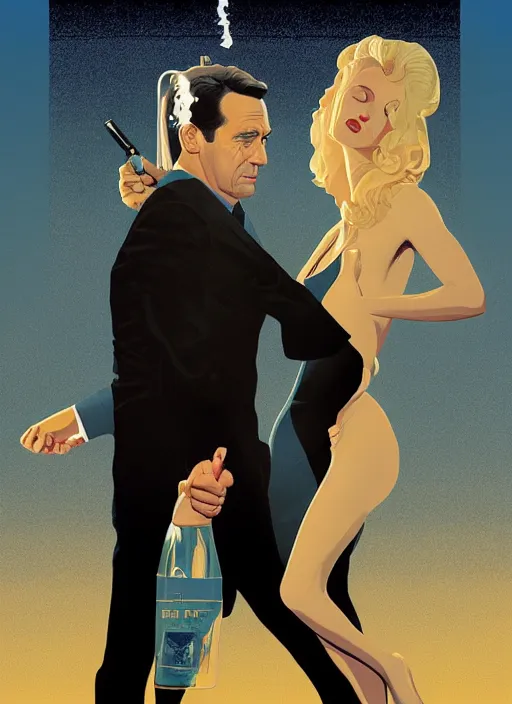 Image similar to poster artwork by Michael Whelan and Tomer Hanuka, Karol Bak of Naomi Watts & Jon Hamm husband & wife portrait, in the pose of The Graduate poster, from scene from Twin Peaks, clean, simple illustration, nostalgic, domestic, full of details