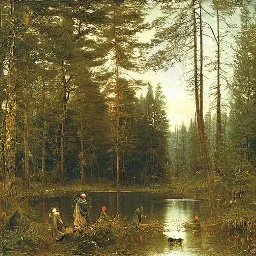 Prompt: The Wood between the Worlds, a pond-filled forest where each pond is a portal leading to a different world, painting by Ivan Shishkin