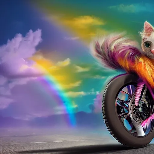 Image similar to wide angle full body, jacket wearing fluffy cute rainbow kitten wearing a black leather motorcycle jacket, riding on a motorcycle, cinematic concept art