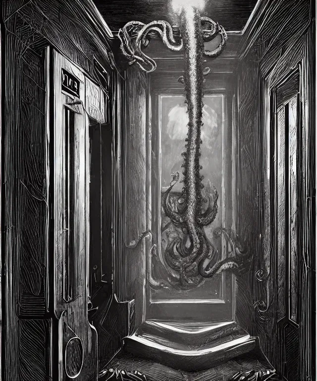 Prompt: horrifying photorealistic painting of a 1 9 2 5 hotel elevator lobby, elevator doors look like a mouth, with a tentacle - shaped tongue, licking out, dark, atmospheric, brooding, smooth, finely detailed, cinematic, epic, lovecraft, in the style of lee gibbons