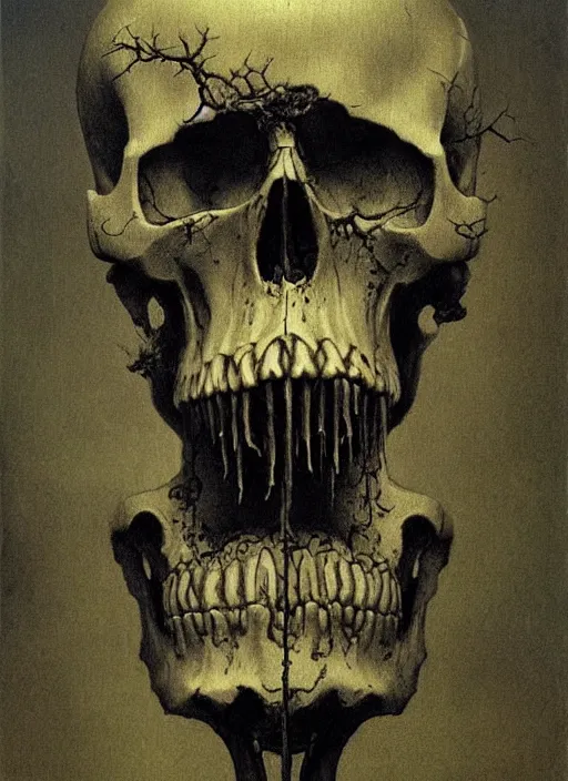 Prompt: skull, ivy, death, steampunk by zdislaw beksinski