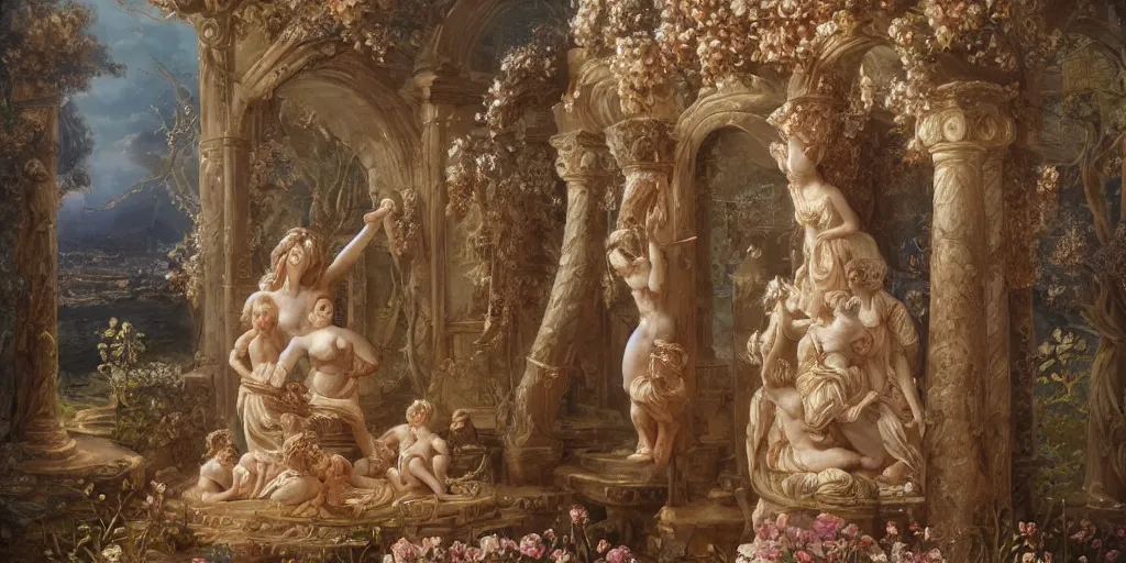 Image similar to a stunning and noble highly detailed romantic period style painting of the place where gods come into being by james jean, josep tapiro baro and harles sillem lidderdale, trending on artstation, oil painting masterpiece, symmetry, rule of thirds, mysterious
