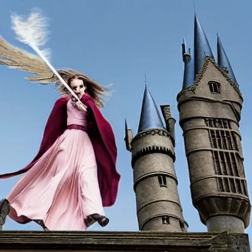 Prompt: Emma Watson flying in a magical broomstick over hogwarts