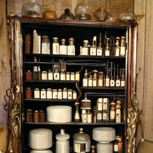 Image similar to apothecary cabinets of curiosities antiques, vintage photo, blade runner, scifi, cfg = 3