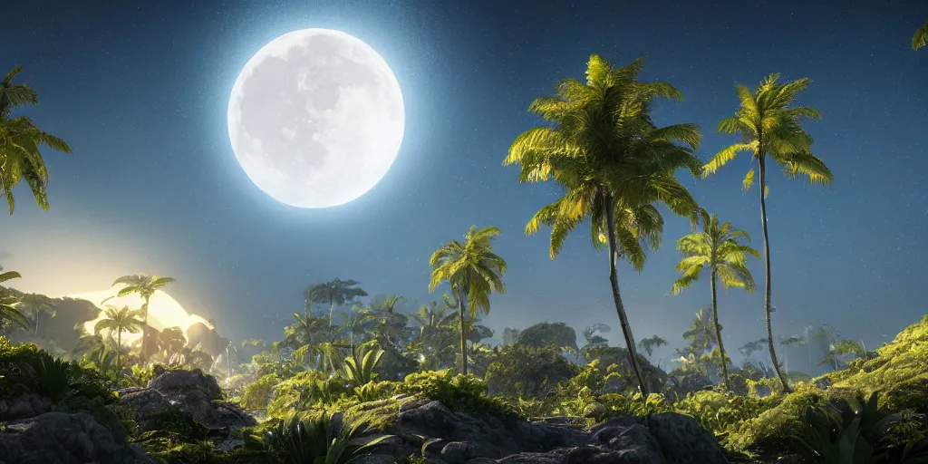 Image similar to beautiful landscape of a tropical moon, trending on art station, photoreal, 8k, octane render