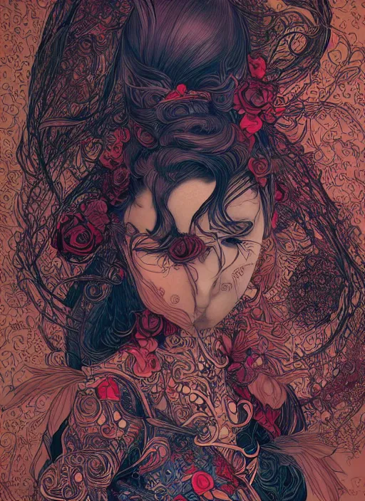 Prompt: the portrait of an unbelievably beautiful, elegant, sensual, and sophisticated young woman, an ultrafine detailed illustration by james jean, intricate linework, bright colors, final fantasy, behance contest winner, vanitas, angular, altermodern, unreal engine 5 highly rendered, ethereal, ominous, detailed and intricate environment