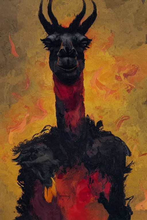 Prompt: Llama anthro portrait fire black red yellow orange llama portrait impasto oil painted daubed smoke flame fire army hellfire anton fadeev dug stanat simon stalenhag anato finnstark lucian freud nicola samori Frank Auerbach, llama, daily deviation