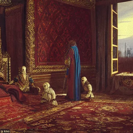 Image similar to Ivan the Terrible in his palace in Moscow is sneaking up on his son with an intention to kill him, wide angle, high detail, in style of Greg Rutkowski, width 768