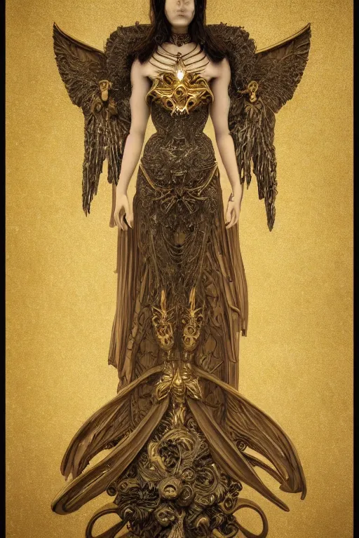 Prompt: concept art, angel woman, beautiful, frank frazetta, ornate, art nouveau, symmetrical, gold jewelry, high contrast, unbiased render, Emil melmoth, eerie, haunting, victorian, 8k, octane render, style of Gustav Klimt, head and shoulders