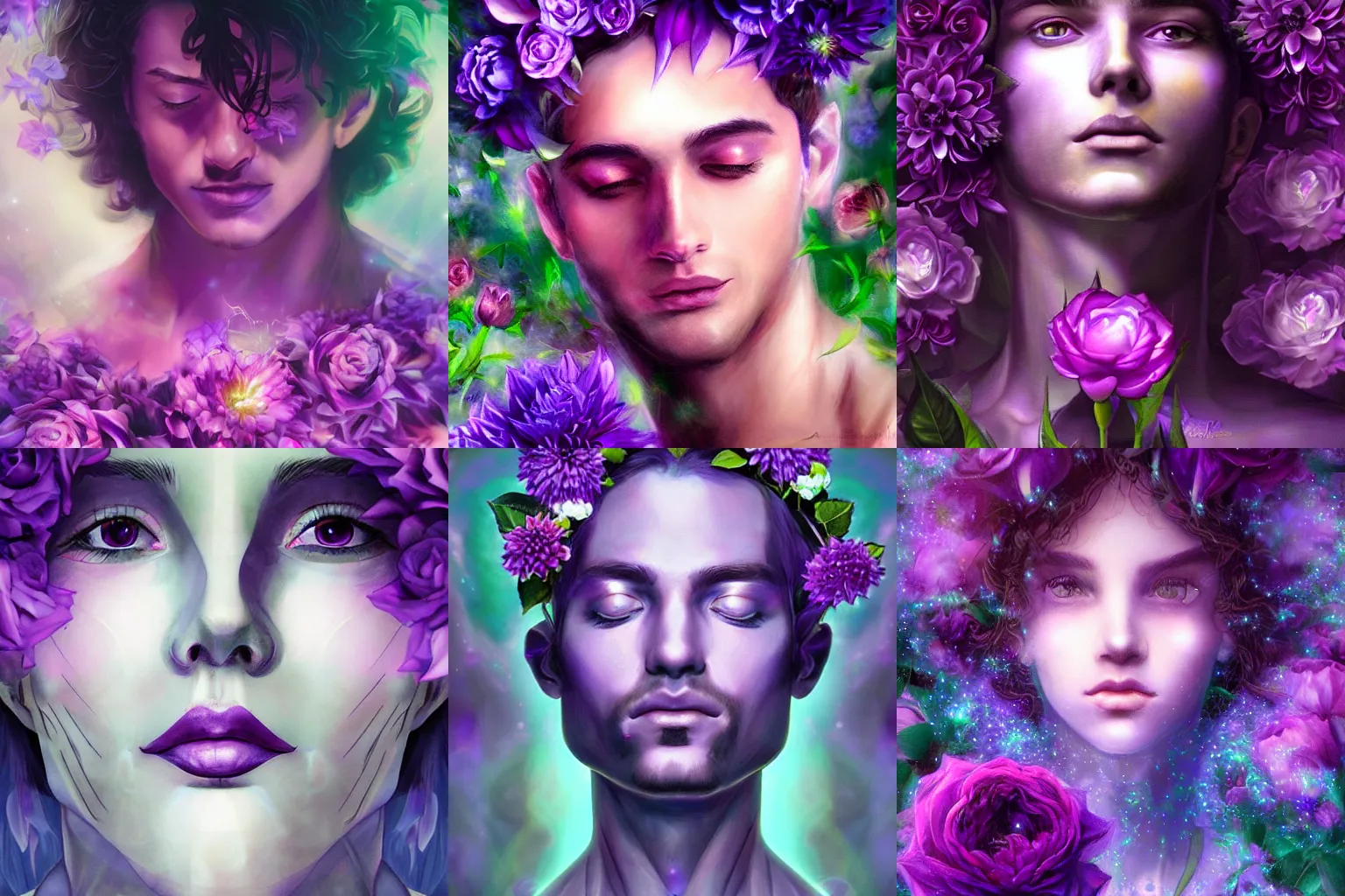 Prompt: closeup portrait of an ethereal man made of purple light, divine, cyberspace, mysterious, surrounded by flowers, roses, dahlias, art by Artgerm