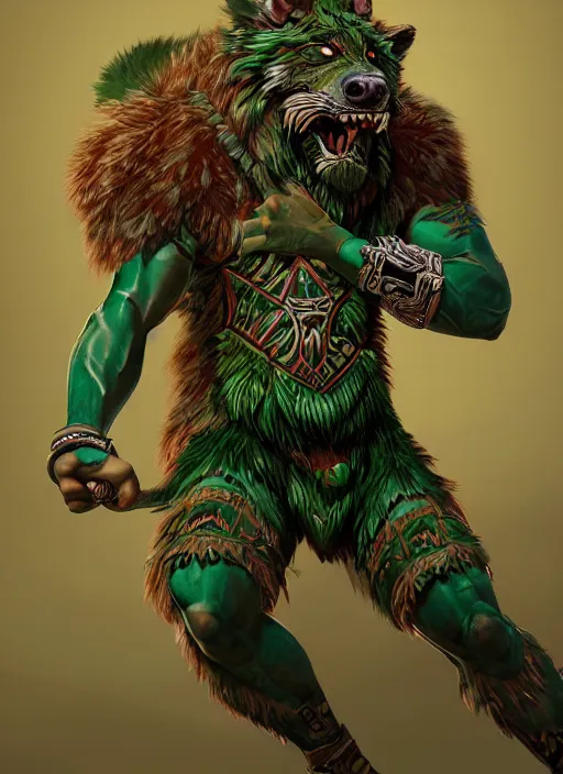 Image similar to a highly detailed illustration of fierce aztec tribal boy wearing green wolf mane, heroic roaring wielding aztec club pose, muscular, intricate, elegant, highly detailed, centered, digital painting, artstation, concept art, smooth, sharp focus, league of legends concept art, wlop