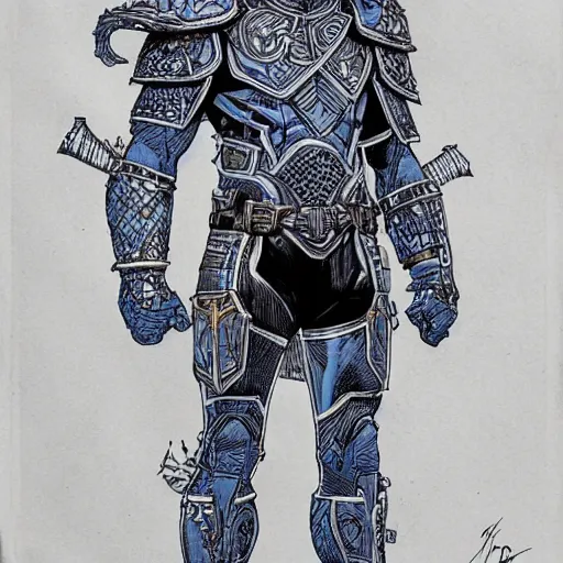 Image similar to white-on-blue blueprint with anotations of ornate armor legs covered in runic tattoos, Travis Charest style