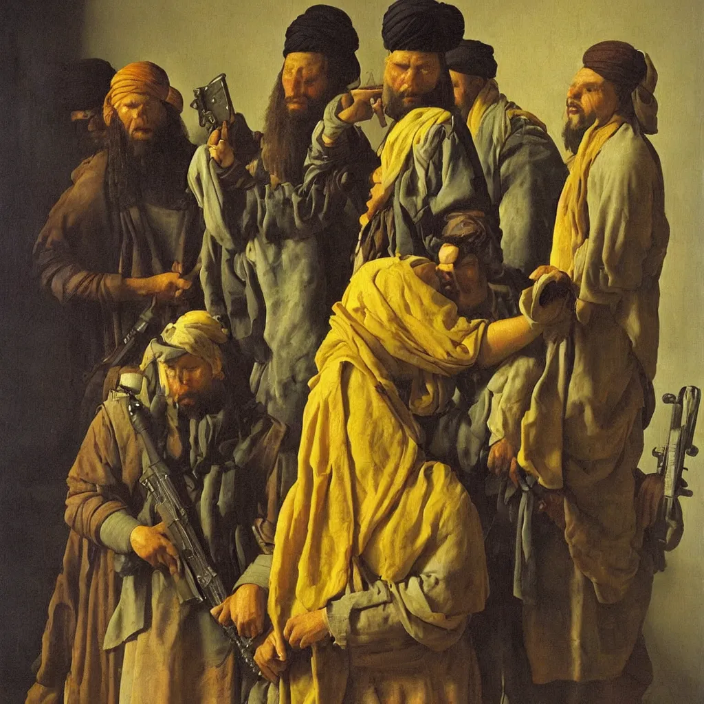 Prompt: taliban by johannes vermeer, oil painting, beautiful lighting, saturated colors, highly detailed.