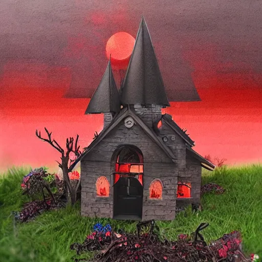 Image similar to Dark and Gloomy Witch house with red roof, in style of Anne Stokes