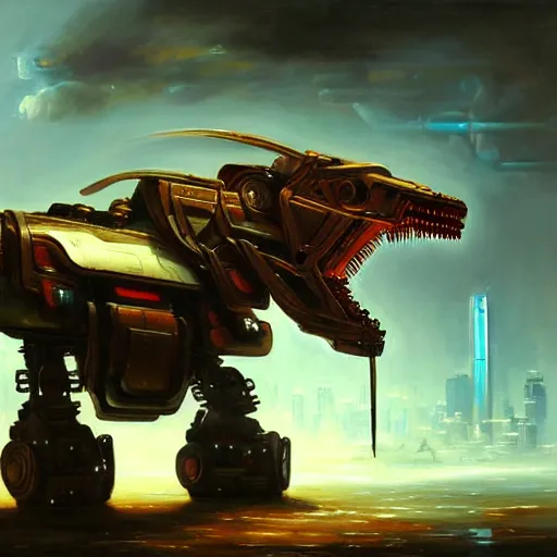 Prompt: beautiful classical oil painting of a cyberpunk robot mecha dinosaur