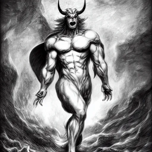 Image similar to full body, grayscale, Gustave Dore, Sorie Kim, muscled humanoid balrog demon, horns, claws, large horned tail, heroic pose, swirling flames