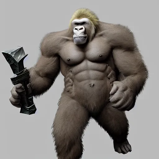 Image similar to angry tough rough looking albino gorilla. scars, battle damage, scratched armor, interesting 3 d character concept by square enix, in the style of league of legends, hyper detailed, character modeling, cinematic, final fantasy, video game character concept, ray tracing, fur details, maya, c 4 d