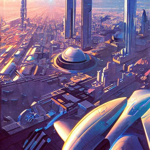 Image similar to aerial view of a science-fiction cityscape, cinematic angle, cinematic lighting, blue sky, sun in the sky, by Syd Mead, John Harris, Federico Pelat