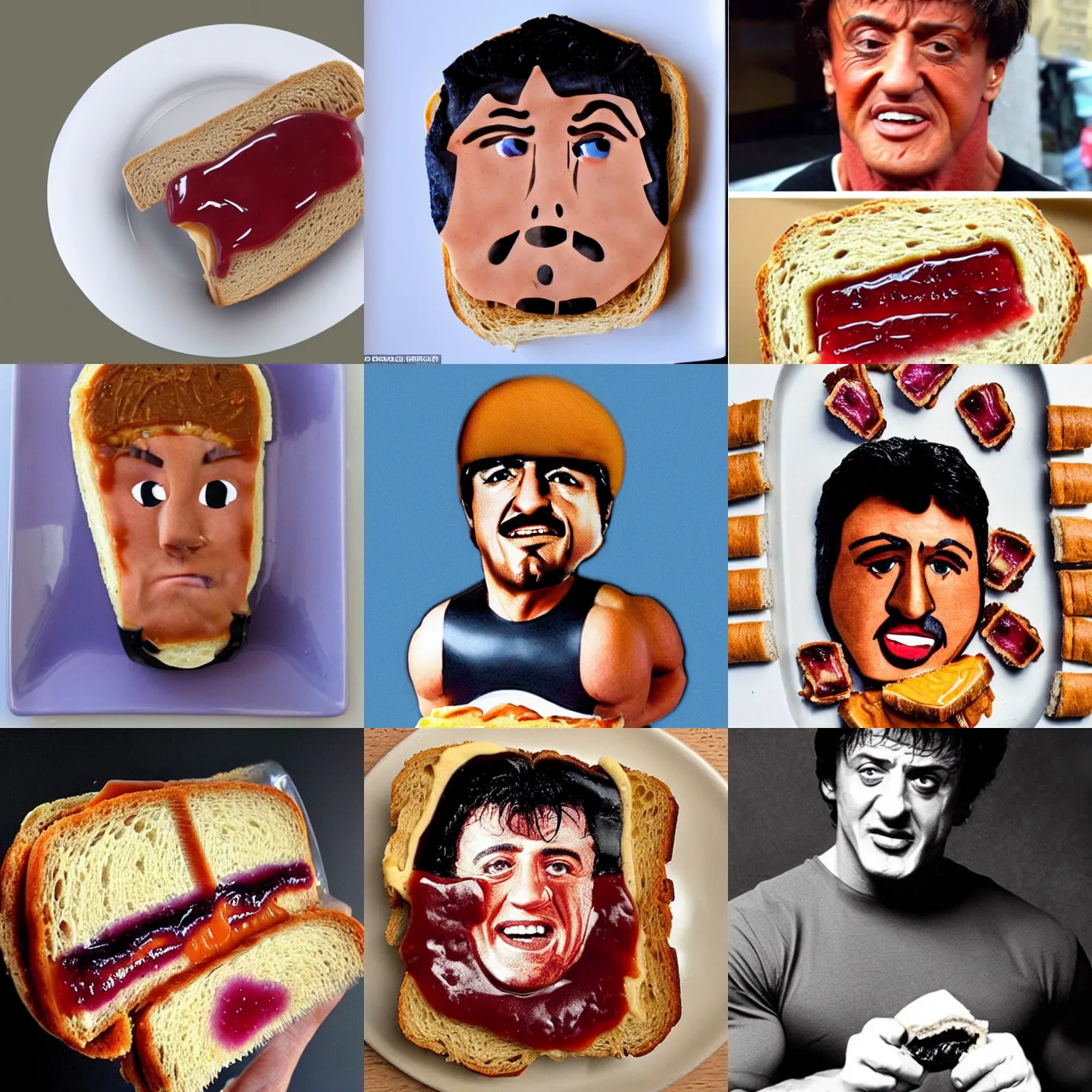 Prompt: a peanut butter and jelly sandwich that looks like sylvester stallone