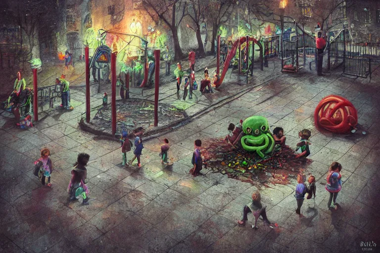 Image similar to cthulhu haunting children at the playground, painted by paul youll and marc simonetti, trending on artstation, dramatic lighting isometric view street art, crayon art, tilt - shift, final, remodernism