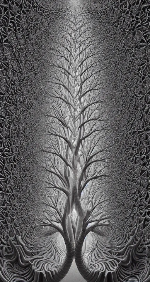 Image similar to 3d fractal wallpaper by Escher and zdzisław beksiński, magic tree!!!!!!!!!!!!!!!!!!!!!, dmt, tripy, psychedelic, mandelbulb 3d, digital art, high details, depth of field, hard lighting, trending on artstation, deviantart, octane render, HD, 8k, low light, black background