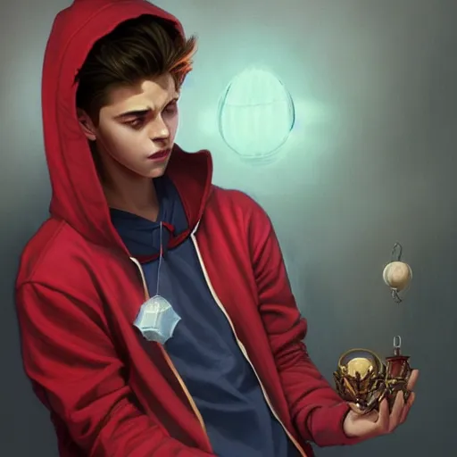 Image similar to a preppy magic student boy wearing a red hoodie, holding a bell, d & d, fantasy, intricate, cinematic lighting, highly detailed, digital painting, artstation, concept art, smooth, sharp focus, illustration, art by artgerm and greg rutkowski and alphonse mucha