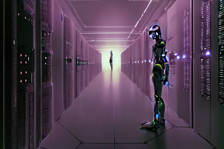 Image similar to hyperrealistic medium shot robot cyborg in wires data center server! by stanley kubrick highly detailed concept art zdzisław beksinski william gibson westworld hbo cinematic low purple lighting high angle hd 8 k sharp shallow depth of field