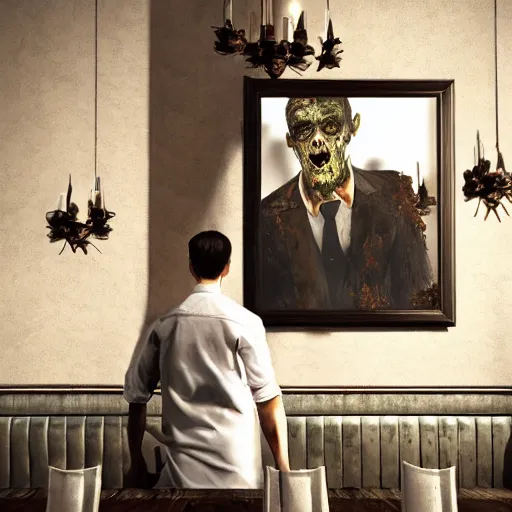 Image similar to waiter angry zombie, detailled portrait, restaurant interior, feeling of grimdark horror, daytime, high contrast, ultra intricate detailed, octane render, unreal engine, style of a dusk falls