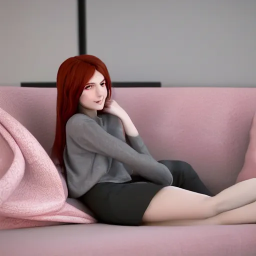 Image similar to 3 d render of a cute thin young woman, red blush, wearing casual clothes, small smile, relaxing on a couch, cozy under a blanket, cozy living room, close up shot, 8 k, octane render, trending on artstation, art by artgerm and irakli nadar, unreal engine 5, hyperrealism, hyperdetailed, ultra realistic