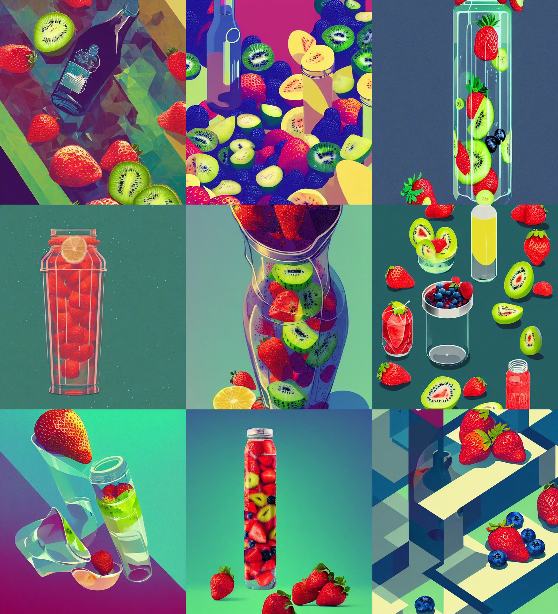 Prompt: ( ( dither ) ), editorial illustration strawberries blueberries sliced kiwi sliced lemon inside a clear drinking bottle portrait, isometric, modern art deco, ( ( mads berg ) ), christopher balaskas, victo ngai, rich grainy texture, detailed, dynamic composition, wide angle, matte print, art nouveau, unreal engine
