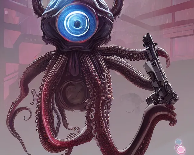 Image similar to alien octopus with 3 eyes dressed like a samurai holding a laser rifle, photorrealistic concept art, digital art, cyberpunk