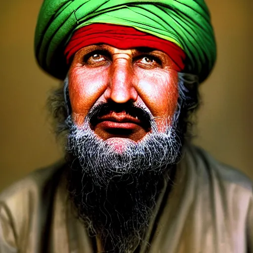 Image similar to portrait of president millard fillmore as afghan man, green eyes and red turban looking intently, photograph by steve mccurry