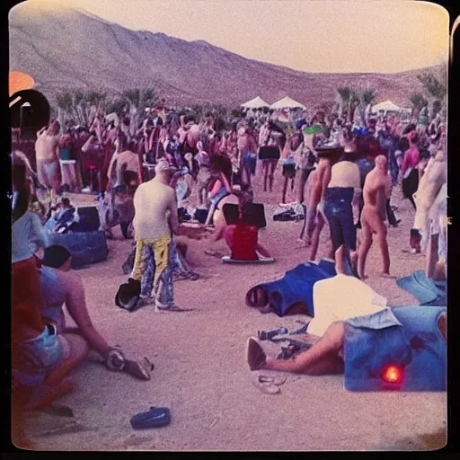 Image similar to rave party chill out zone from a 1970s festival in the desert, polaroid picture