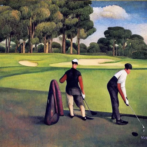 Image similar to Three golfers on a beautiful golf course driving range, by Diego Rivera