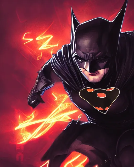 Image similar to ven as batman, with the powers of flash, dynamic lighting, fantasy concept art, trending on art station, stunning visuals, creative, cinematic, ultra detailed, comic strip style