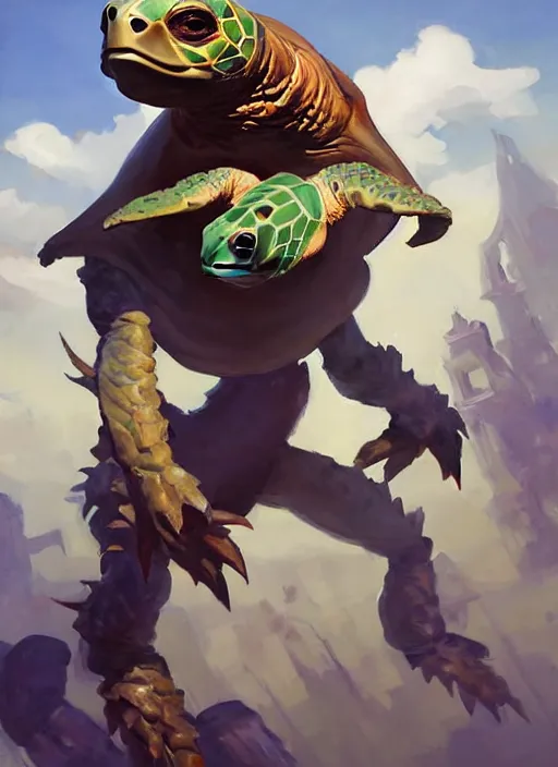 Prompt: Greg Manchess portrait painting of an anthropomorphic monster sea turtle character from league of legends, full shot, asymmetrical, splashscreen, Organic Painting, sunny day, Matte Painting, bold shapes, hard edges, cybernetic, street art, trending on artstation, by Huang Guangjian and Gil Elvgren and Sachin Teng