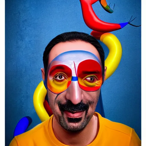Image similar to ultra realistic portrait of turkish comedian cem yilmaz in a studio, ultra detailed, under blue, red and yellow cinematic lighting, salvador dali, cartoon, monument valley, escher