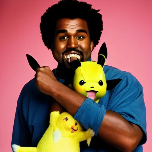 Image similar to kanye west smiling holding pikachu for a 1 9 9 0 s sitcom tv show, studio photograph, portrait c 1 2. 0