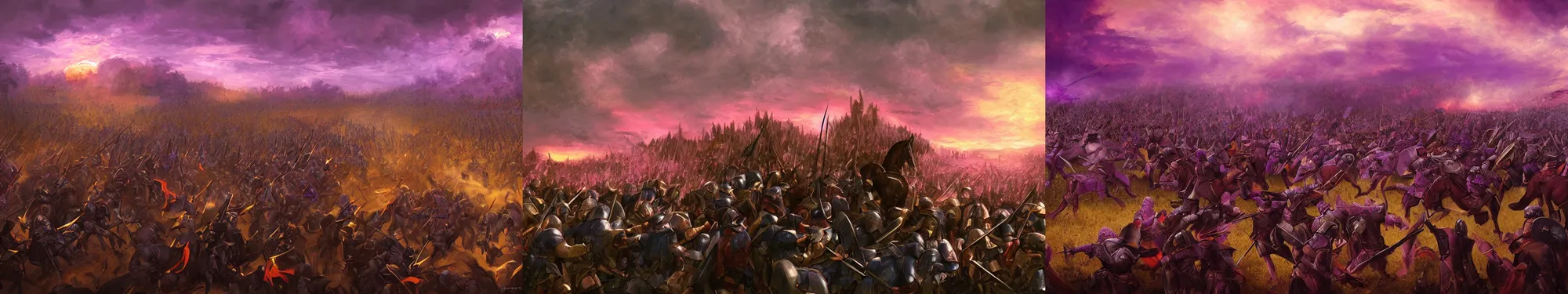 Prompt: madness of the medieval battlefield. bloom, lighting, purple sunset. fantasy, digital painting, hd, detailed.