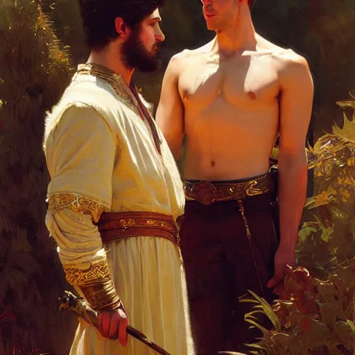 Image similar to attractive fully clothed king confesses his love for his attractive fully clothed male prince. highly detailed painting by gaston bussiere, craig mullins, j. c. leyendecker 8 k