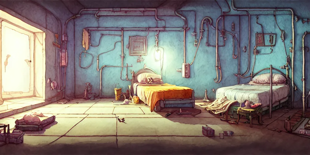 Image similar to room in the sewers, the room is delicate and neat, bed is made, sword rack above the bed, detailed, artstation, 8 k, sci - fi, pastel colors, props, panel, concept, simon stalenhag, in watercolor gouache detailed paintings, moebius, blueprint, building, living room, detailed, posters, sofa