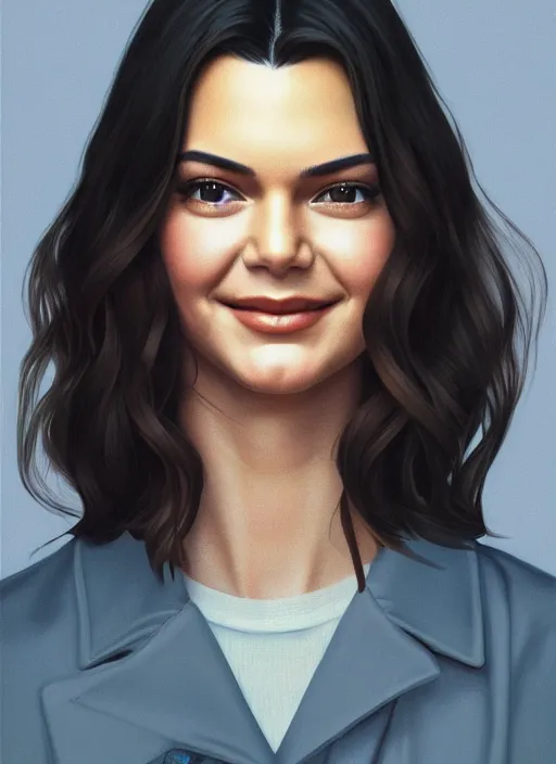 Image similar to twin peaks movie poster art, portrait of a smiling kendall jenner, from scene from twin peaks, clean, simple illustration, nostalgic, domestic, highly detailed, digital painting, artstation, concept art, smooth, sharp focus, illustration, artgerm, donato giancola, joseph christian leyendecker, wlop